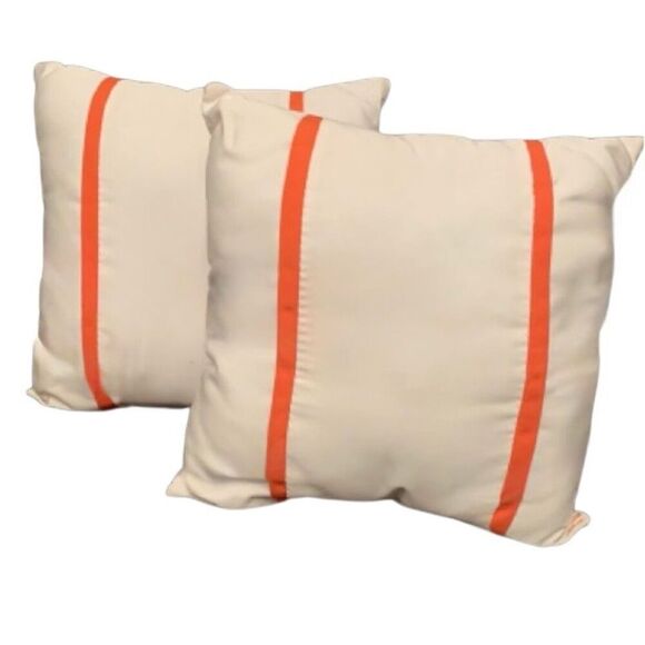 Set of 2 Orange Striped Sunbrella Indoor/Outdoor Throw Pillow Ivory 16” Square - Picture 1 of 10